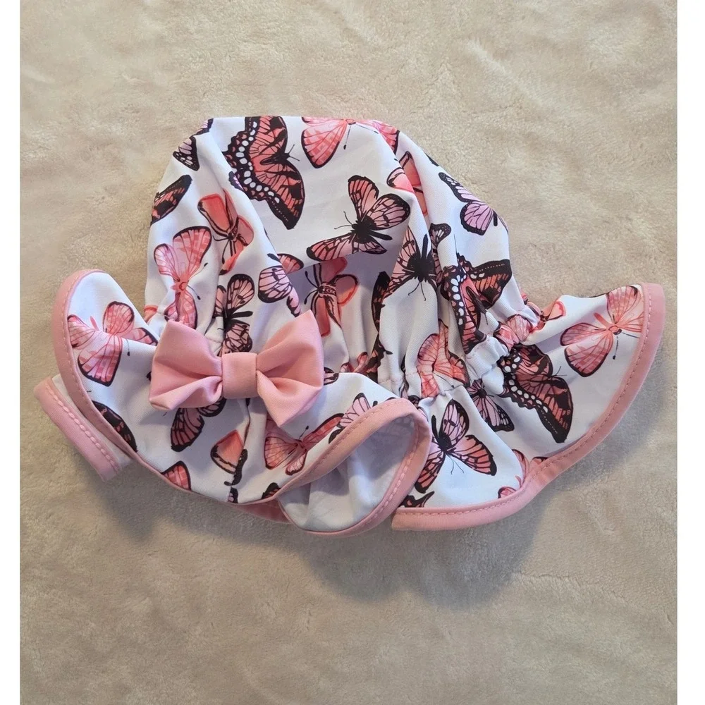 Baby Girl Butterfly Swimsuit Set 3-6M 3pc Bikini Hat Pink‎ Ruffle Swim Outfit